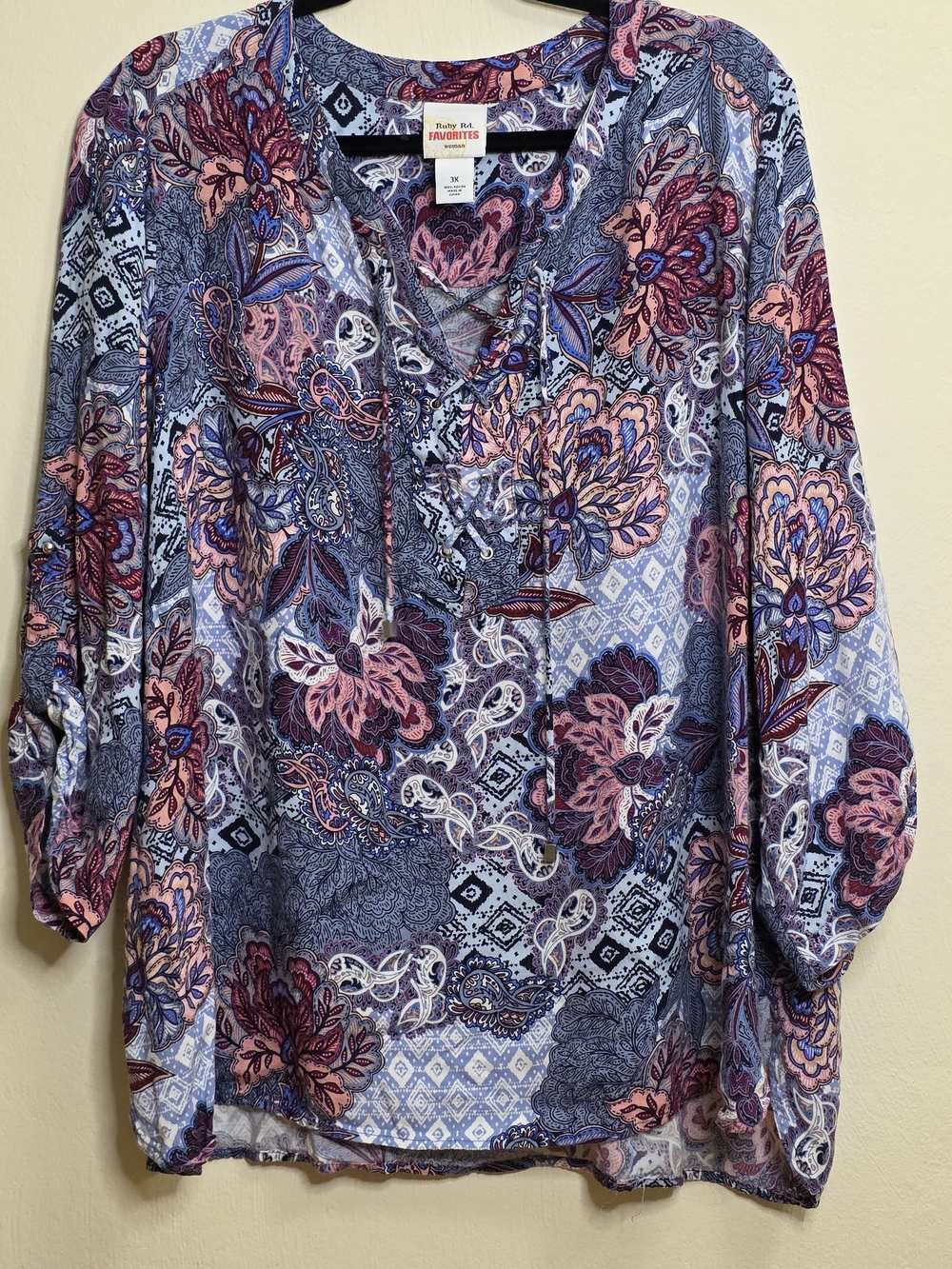 Ruby Rd. Paisley Lace-Up Top in Light Blue, Pink, Navy
